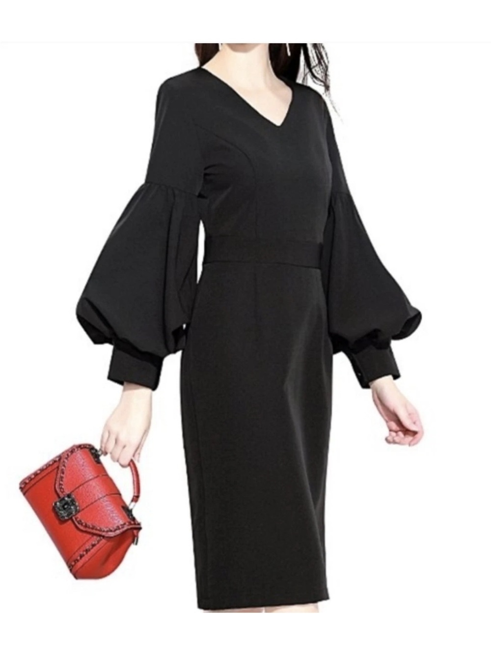 NWT Black Long Sleeve V-Neck Balloon-Sleeve Midi black Dress date night